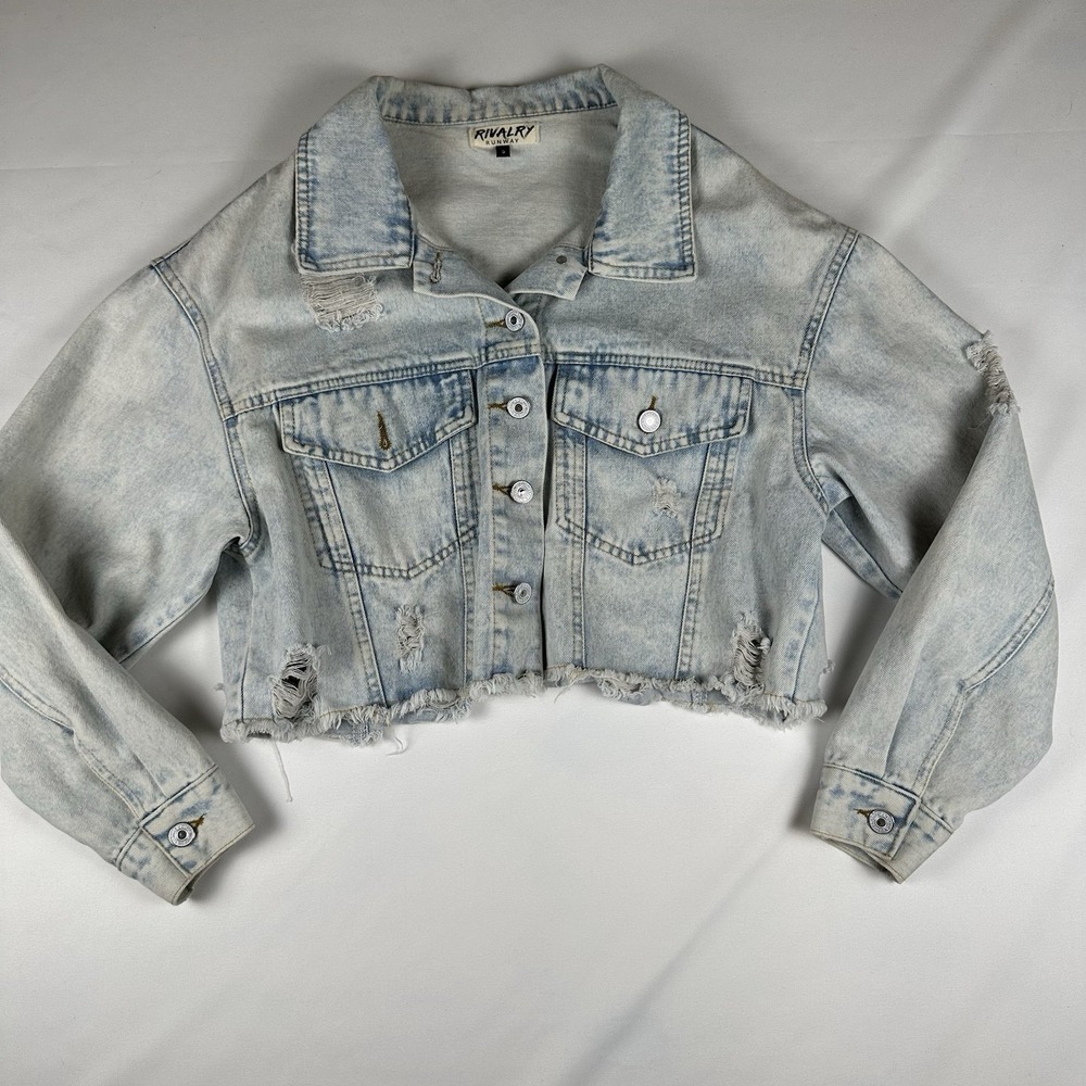 Rivalry Runway Dallas Texas Skyline Women Small Cropped Distressed Jean Jacket